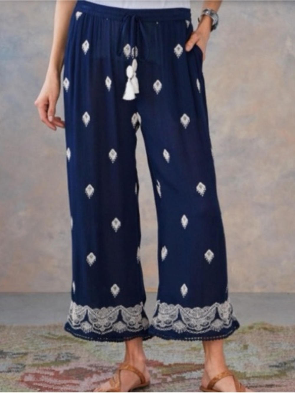 Sundance Navy Embroidered Crepe Drawstring Pants Medium Boho Tassel Wide Leg